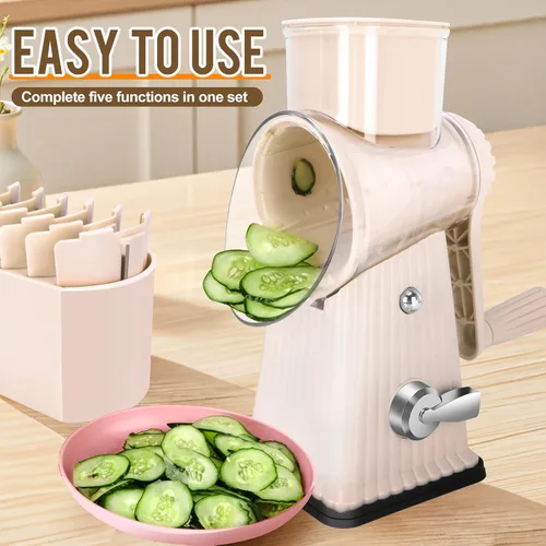 Miniatura 7 de Rallador rotativo de queso con 5 cuchillas bien diseñadas y base de succión fuerte, cortador de verduras de mandolina de cocina con caja de Blanco