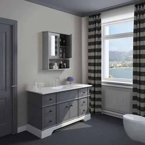 Miniatura 2 de Basicwise Espejo gris montado en la pared baño y tocador con estantes ajustables, gris, (QI004020.GY)