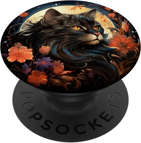 Gato Negro Mirando Luna Llena Flores Celestiales Estrellas Floral PopSockets Estándar PopGrip