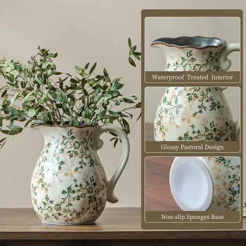Miniatura 8 de Jarrón de cerámica verde y blanco con asa, florero rústico para decoración de hogar estilo “chinoiserie”, “grandmillenial” y toscano, jarrón