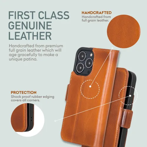 Miniatura 5 de Bayelon Funda para iPhone 13 Pro Max, funda de piel de grano completo, funda magnética con ranuras para tarjetas, función atril (bronceado rústico)