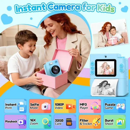 Miniatura 2 de Cámara para niños Impresión instantánea: Juguetes para niños y niñas, cámara digital que imprime fotos, regalo de cumpleaños de doble lente