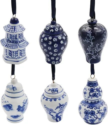 6 adornos chinos – Adornos colgantes de porcelana azul y blanca – Adornos de cerámica para árbol de Navidad y decoración de otoño (estilo clásico)