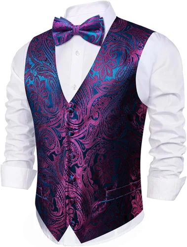 Miniatura 35 de Barry.Wang Conjunto de chaleco de pajarita para hombre, chaleco con cuello en V de seda jacquard de cachemira, gemelos de pañuelo formal/ocio, boda