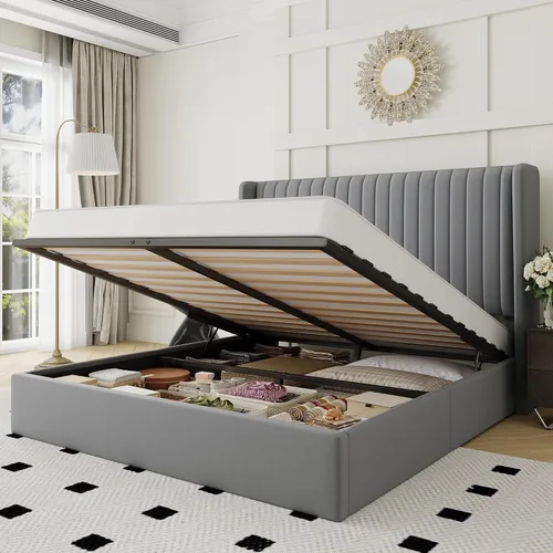 Miniatura 10 de Allewie Base de cama de almacenamiento elevable de tamaño matrimonial, sistema de soporte hidráulico, marco de cama de plataforma tapizada