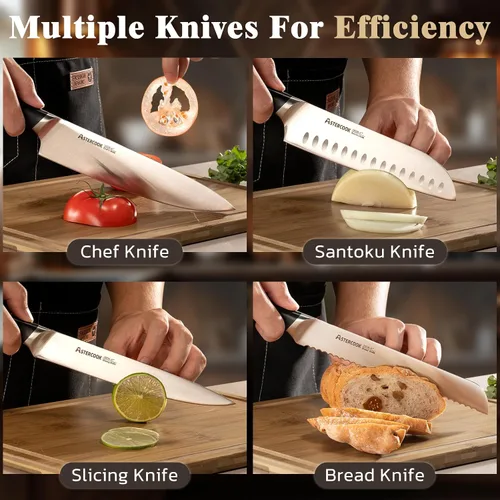Miniatura 6 de Astercook Juego de cuchillos, juego de cuchillos de cocina con bloque y afilador, espiga completa, 17 piezas, cuchillos de acero inoxidable alemán