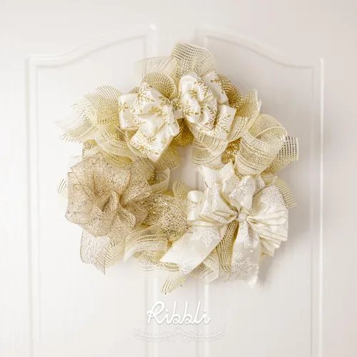 Miniatura 3 de Ribbli - Cinta con alambre dorada champagne para árbol de Navidad, cinta de malla con purpurina y diseño de copos de nieve para manualidades