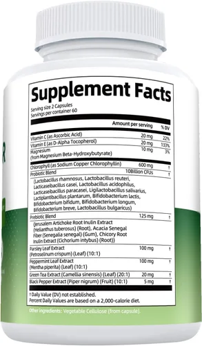 Miniatura 9 de Suplemento desodorizante corporal de clorofila con 10 mil millones de UFC probióticos, vitamina C y E, perejil, menta, té verde, prebióticos