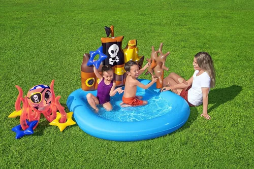 Miniatura 3 de Bestway Ships Ahoy Water Play Centre Parque acuático inflable pirata para niños, juguetes de jardín con lanzamiento de anillo de pulpo para niños