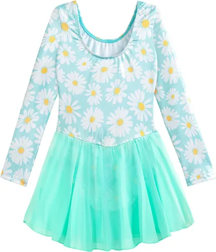 Miniatura 131 de EQSJIU Leotardo de baile de manga larga para niñas, vestido de ballet brillante con copo de nieve, tutú con falda tutú para niñas