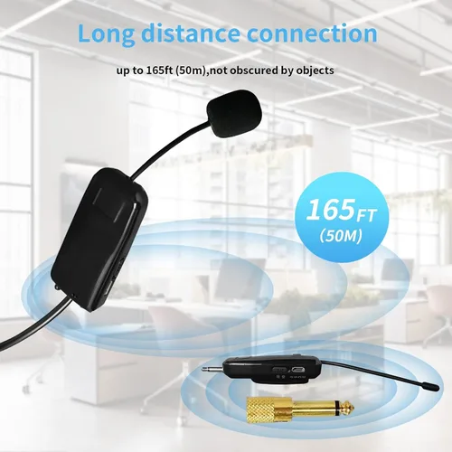 Miniatura 2 de Sistema de micrófono inalámbrico 2.4G para dos personas, alcance de 165 pies, transmisión estable, micrófono de auriculares portátil