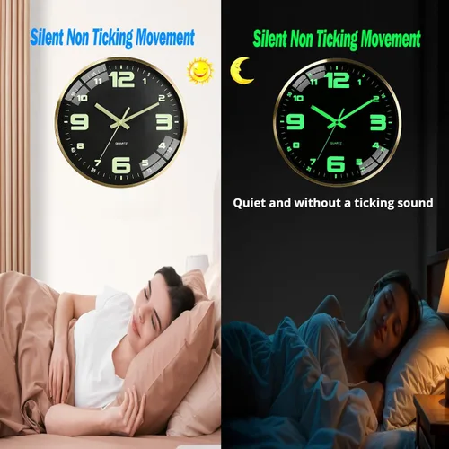 Miniatura 4 de Reloj de pared de 12 pulgadas con batería, sin tictac, con iluminación en la oscuridad, fuente grande fácil de leer, visible en la noche, marco