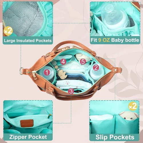 Miniatura 4 de MOMINSIDE Bolsa de pañales pequeña, mini tote de pañales, bolso de pañales de cuero, bolsa de bebé cruzada con 13 bolsillos, clutch de pañales