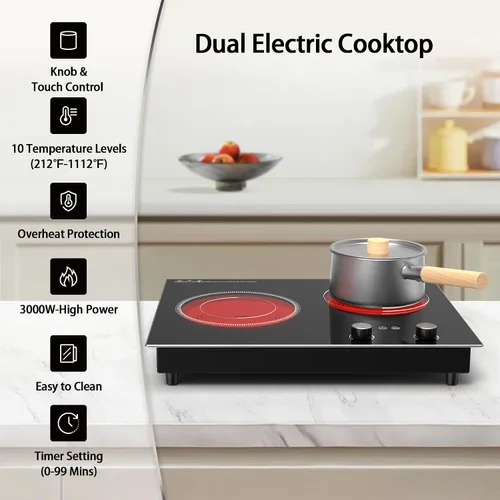 Miniatura 3 de GIHETKUT Placa de cocción eléctrica, 110V 2100W estufa de 2 quemadores, placa integrada y de encimera con 10 niveles de calentamiento, temporizador