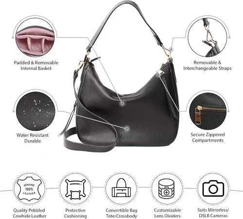 Miniatura 3 de Meliaebag - Bolso para cámara réflex digital sin espejo para mujer, lindo bolso cruzado de cuero de primera calidad para llevar al hombro Negro