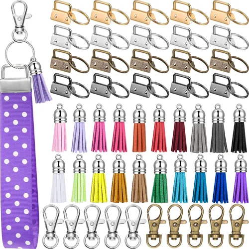 Juego de 60 piezas de accesorios para llaves, 20 llaveros con anillo, 20 borlas de cuero para llavero y 20 ganchos giratorios a presión para