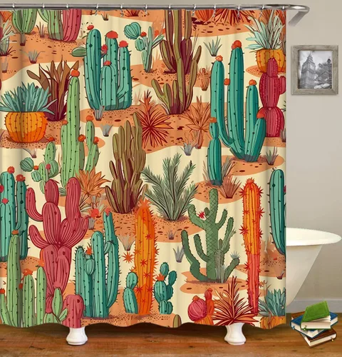 Domoku Juego de cortina de ducha multicolor de cactus del desierto - Cortina de ducha espinosa occidental, estilo de planta del suroeste, desierto