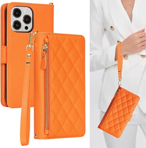 Miniatura 7 de Funda compatible con iPhone 13 Pro Max para Apple 12 Pro Max, piel sintética naranja, rombo para mujeres y hombres, bolsillo con cremallera