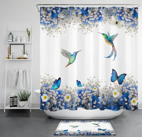 Miniatura 23 de EOBTAIN Cortina de ducha floral zen, lirio de agua blanca, mariposa y piedra zen gris, cortinas de ducha para baño, plantas, naturaleza, espiritual