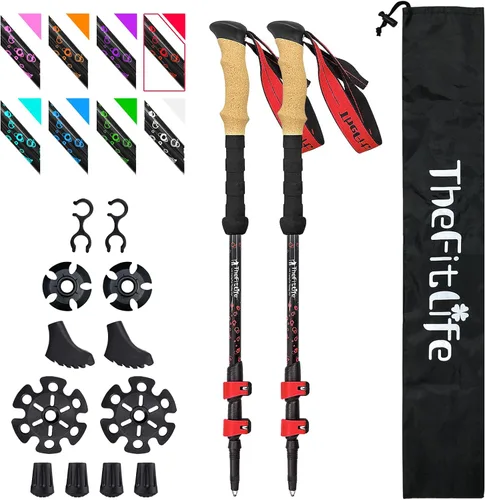 Bastones de senderismo de fibra de carbono TheFitLife – Bastón de senderismo plegable y telescópico con mango de corcho natural y empuñaduras EVA