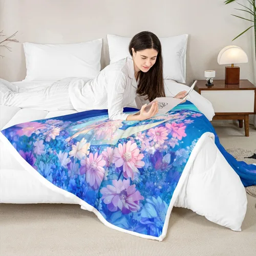 Miniatura 3 de Fairy Fleece Blanket,Romantic Pink Floral Botanical Bed Blankets for Adults Teens,Galaxy Starry 3D Moon Room Decor,Blue Pink Super Soft Flannel