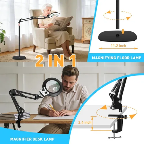 Miniatura 4 de 2 in 1 Floor Magnifying Glass with Light and Stand, Dual Knob Infinite Color Dimmable 12X&30X Large Lighted Magnifier Workbench lamp for Close Work