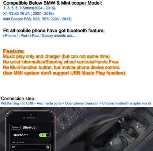 Miniatura 5 de Adaptador Bluetooth compatible con Mini Cooper BMW Car Apple Android Phone Music AUX 3.5 dispositivos con capacidad de cable inalámbrico