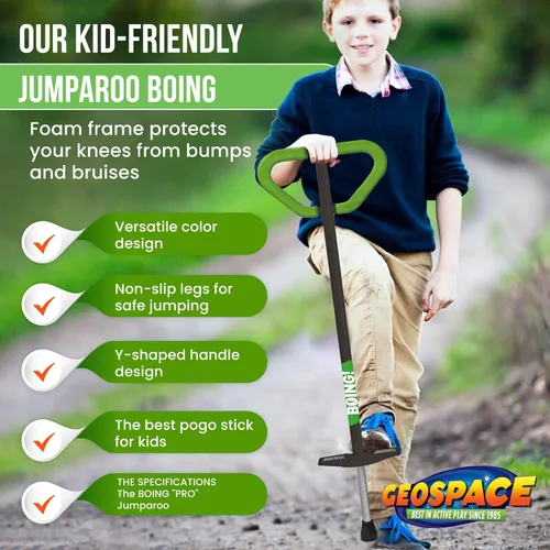Miniatura 5 de Geospace Jumparoo Boing! Palo Pogo mediano 'PRO' para niños, soporta 60 a 100 libras, juguete al aire libre para niños y niñas, juego activo