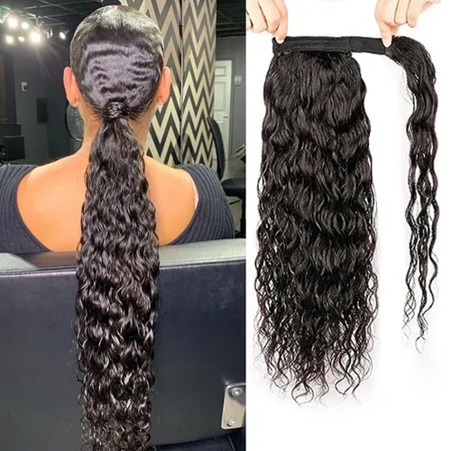 Miniatura 10 de Extensiones de cabello con ondas de agua para cola de caballo, trenzado humano, pegamento mágico Pony, extensiones de cabello humano brasileño