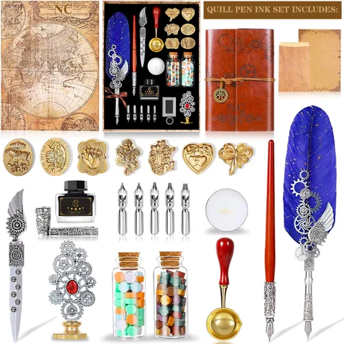 Miniatura 2 de NC Juego de Tinta de Pluma, Juego de Sello de Cera con Diario de Cuero PU y Pluma, 7 Cabezales de Sello, 2 Botellas de Perlas de Cera, para Regalo