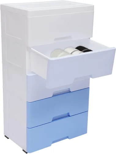 Cajones de plástico, armario de almacenamiento de 5 cajones, torre vertical apilable de almacenamiento de ropa, armario alto y pequeño para Azul