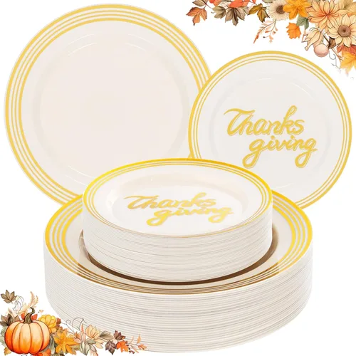Miniatura 18 de Supernal 102 platos de plástico blanco y dorado, platos desechables resistentes, juego de vajilla de plástico dorado elegante incluye 51 platos