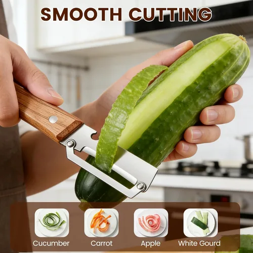 Miniatura 3 de 2026 Nuevo pelador multifuncional de verduras para cocina, con mango de madera y abridor de botellas, hoja de acero inoxidable ultra afilada