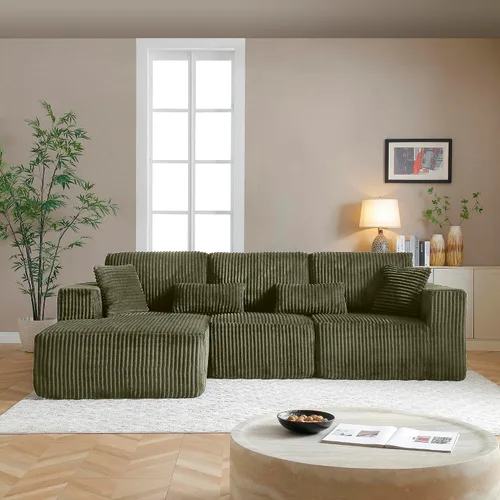 Miniatura 38 de Sofá seccional sin costuras de 108" en forma de L para sala de estar, cómodo sofá de corduroy con chaise, amplios reposabrazos, asiento profundo