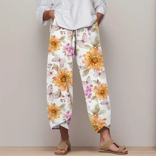 Miniatura 2 de Cotton Linen Pants for Women Loose Fit Wide Leg Capris Summer Cropped Beach Elastic Waist Baggy Trousers with Pockets