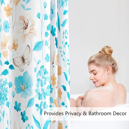 Miniatura 3 de MAYZUS Cortina de ducha con flores azules acuáticas, lindas cortinas de tela con flores para baño, juego de cortinas de tela de aguamarina