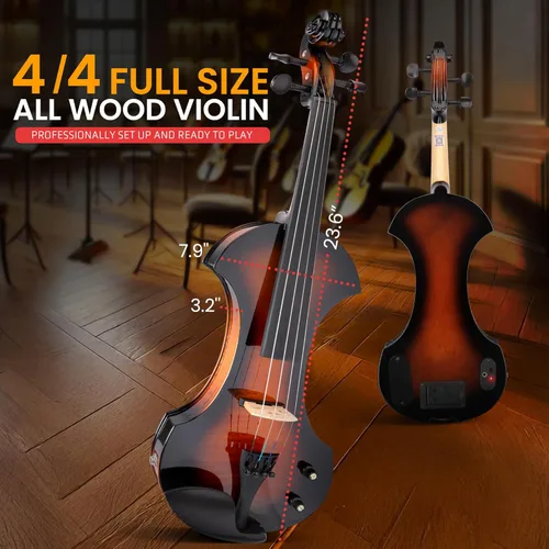 Miniatura 5 de Pyle Kit de violín eléctrico de tamaño completo, violín silencioso de madera maciza 4/4 con estuche rígido, arco, accesorios de ébano y sintonizador