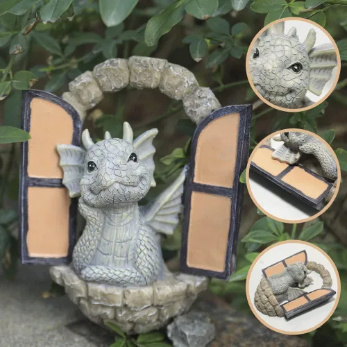 Miniatura 2 de SHOWFEICAT Adorno de jardín de dragón de resina, adorno para manualidades, estatua de hada, puerta, patio, arte al aire libre y jardín, luz solar