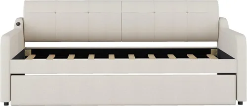 Miniatura 6 de MERITLINE Sofá cama de tapicería de tamaño individual con nido y diseño de carga USB, nido puede ser plano o erigido, sofá cama con tablas,