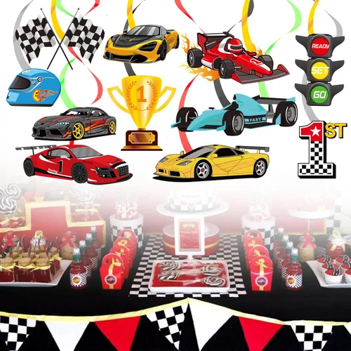 Miniatura 9 de 20 piezas de decoración de remolinos colgantes de autos de carreras, decoraciones de fiesta de cumpleaños, banderas a cuadros, remolinos