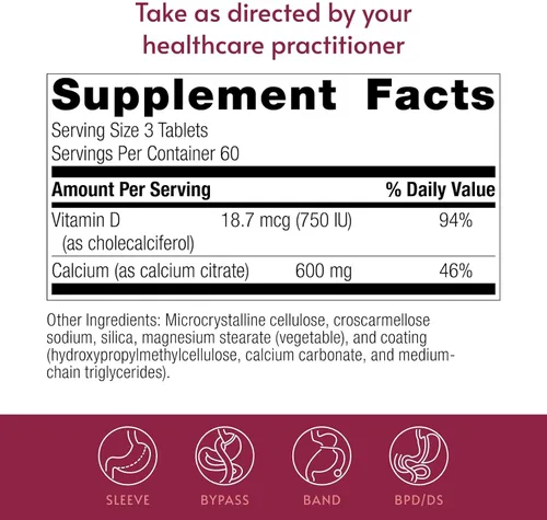 Miniatura 4 de Bariatric Advantage Citrato de calcio no masticable 600 mg de calcio - para pacientes de cirugía bariátrica - Vitamina D3 - Suplementos minerales