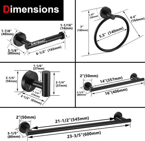 Miniatura 7 de Juego de 6 piezas de accesorios de ferretería de baño negro mate, anillo para toalla de mano, barra redonda para toallas de 16 y 23.6 pulgadas