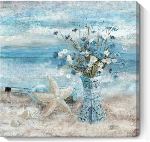 Arte de pared para decoración de baño, imagen de playa azul, tema oceánico, impresión en lienzo de flores, pintura moderna de paisaje marino
