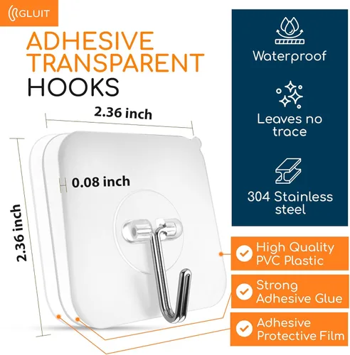 Miniatura 3 de GLUIT Ganchos adhesivos de pared para colgar, ganchos resistentes de 22 libras para paredes, sin daños, gancho transparente adhesivo para toallas