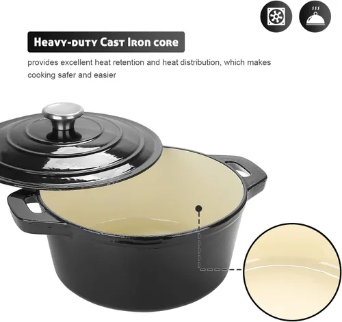 Miniatura 3 de Puricon - Horno holandés de hierro fundido, esmaltado, de 5.5 cuartos de galón (5.2 litros), esmalte cerámico, redondo Negro