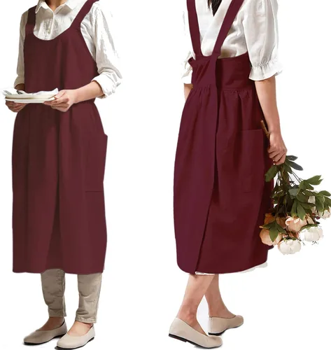 NEWGEM Delantal de algodón y lino con espalda cruzada para mujer con bolsillos, lindo delantal japonés y coreano, vestido tipo mandil en rojo 06 -