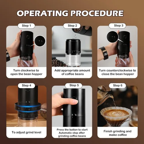 Miniatura 5 de Molinillo de café eléctrico portátil con 38 ajustes de molienda ajustables, batería recargable de 1500 mAh, molinillo de café portátil