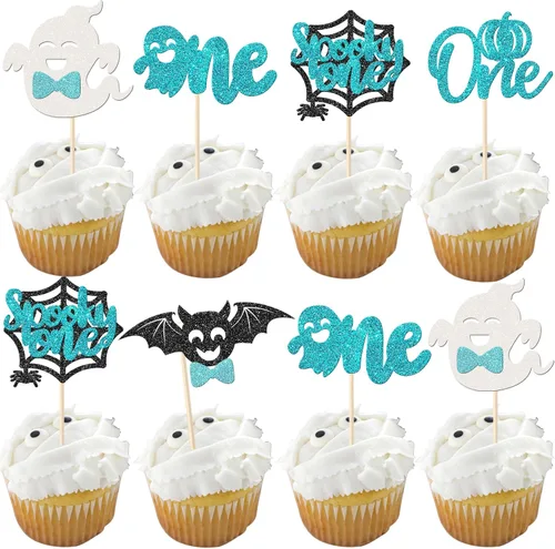 Miniatura 34 de Rsstarxi Paquete de 36 adornos para cupcakes de Halloween, murciélagos con purpurina, palitos de calabaza y calabazas, sombrero de bruja