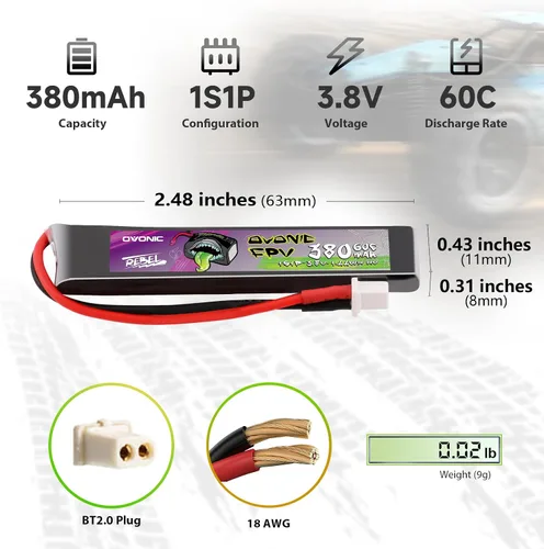 Miniatura 2 de OVONIC Batería Lipo 1S 380mAh 3.8V 60C Batería de alto voltaje con enchufe BT2.0 para RC Car Truck RC Vehículos RC Barco, Dron, Avión RC Quadcopter