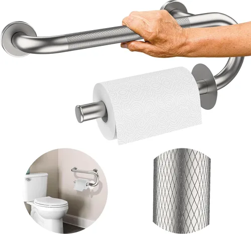 Miniatura 9 de Barra de seguridad blanca de 18 pulgadas con estante de almacenamiento para bañera o ducha, orificios de drenaje, acero inoxidable, barras de agarre